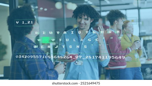 Image of processing data over happy diverse colleagues talking at casual office. Digital interface, network, business, teamwork and global communication, digitally generated image.