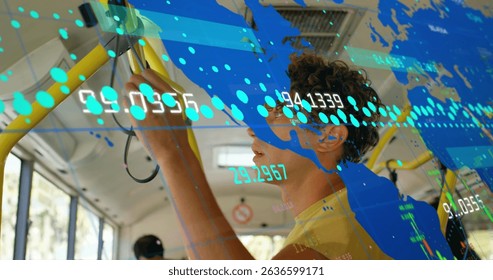 Image of processing data and world map over thoughtful caucasian man travelling on bus. Global communication, travel and digital interface concept digitally generated image.