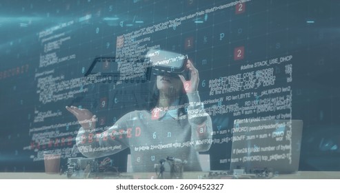 Image of processor spinning and data processing over woman wearing vr headset. global virtual reality, technology and digital interface concept digitally generated image.