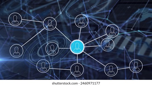 Image of profile icons connecting dots, geometric shapes, hud processing on digital interface. Digital composite, connection, connect the dots, networking, data, technology.