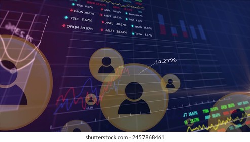 Image of profile icons, multiple graphs, trading boards, computer language over black background. Digitally generated, hologram, report, business, stock market, coding and technology concept.