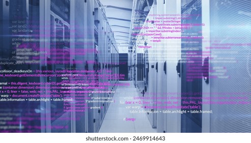 Image of programming computer languages moving on data server systems. Digital composite, data center, security, networking, technology, network server, coding, data processing.