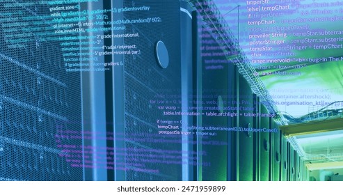 Image of programming language over data server systems. Digital composite, multiple exposure, coding, data processing, network security, data center, networking, technology, network server.
