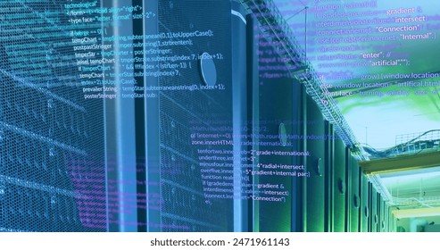 Image of programming language over data server systems. Digital composite, multiple exposure, coding, data processing, network security, data center, networking, technology, network server.