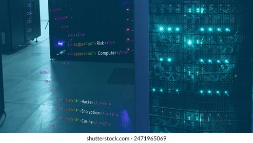 Image of programming language over data server racks. Digital composite, multiple exposure, coding, data processing, network security, data center, networking, technology, network server.