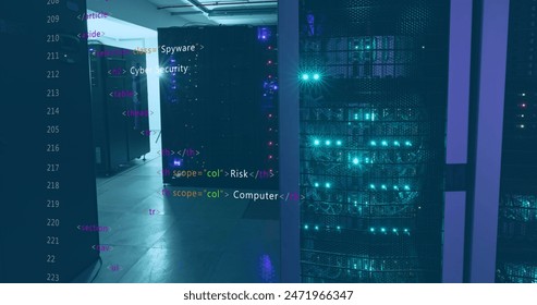 Image of programming language over data server racks. Digital composite, multiple exposure, coding, data processing, network security, data center, networking, technology, network server. - Powered by Shutterstock - Get 15% off with code: PIKWIZARD15
