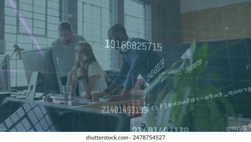 Image of programming language over diverse colleagues discussing over computer in office. Digital composite, business, data processing, coding, technology, teamwork, planning, ideas.