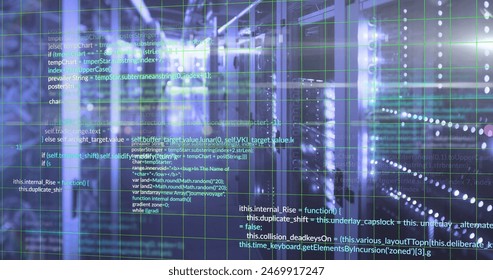 Image of programming languages and grid moving over data server rooms. Digital composite, data center, security, networking, technology, lens flare, network server, coding, data processing.