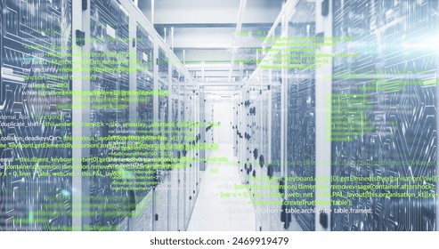 Image of programming languages and illuminated abstract lines moving on data server systems. Composite, data center, security, networking, technology, network server, coding, data processing.