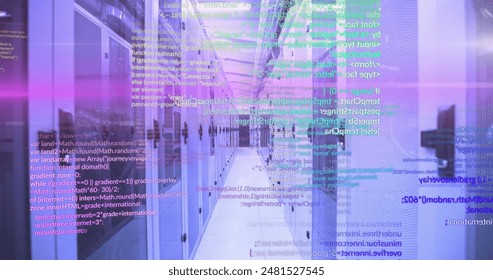 Image of programming languages moving over data server systems. Digital composite, data processing, coding, networking, futuristic, security, data center, network server, technology.