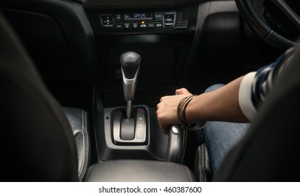 Image Of Pulling The Handbrake On The Car,focuson Hand