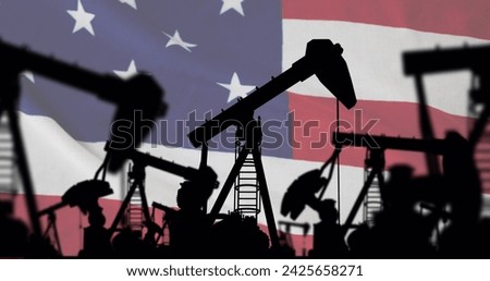 Image of pump jacks over flag of usa. Oil business, energy, transport, finance and economy concept digitally generated image.