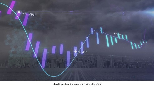 Image of purple and blue graph processing data over cloudy grey cityscape. Connection, network, processing, data, business and communication, digitally generated image.