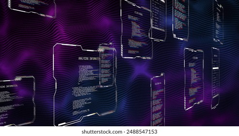 Image of purple and blue network over interfaces processing data on black background. Connection, data, processing, digital interface and communication, digitally generated image.