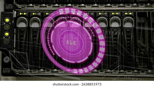 Image of purple circle with numbers over servers. Computers, data processing and technology concept digitally generated image.