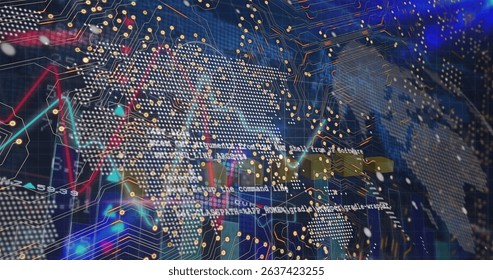 Image of purple fireworks over interface with green digital tunnel. Global computing and data processing concept digitally generated image.