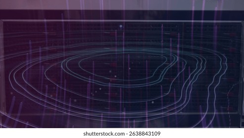 Image of purple light trails over topography against black background. Global networking and business storage technology concept