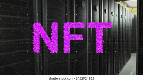 Image of purple nft text banner against computer server room. Cryptocurrency and business data storage technology concept