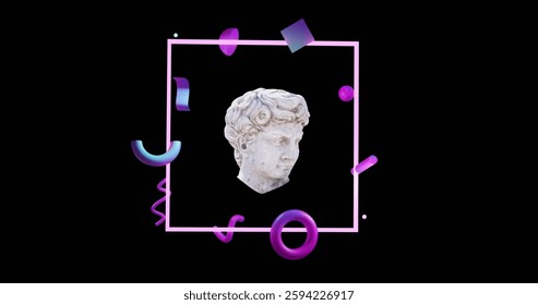 Image of purple shapes moving over sculpture on black background. Technology and digital interface concept digitally generated image.