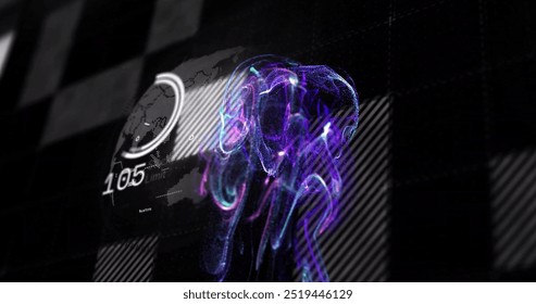Image of purple spots over data processing on black background. Pattern, technology and digital interface concept digitally generated image.
