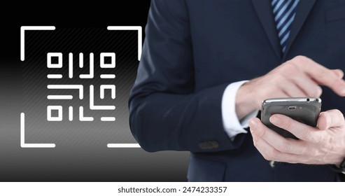 Image of qr code and businessman using smartphone. global internet security, data processing and digital interface concept digitally generated image.