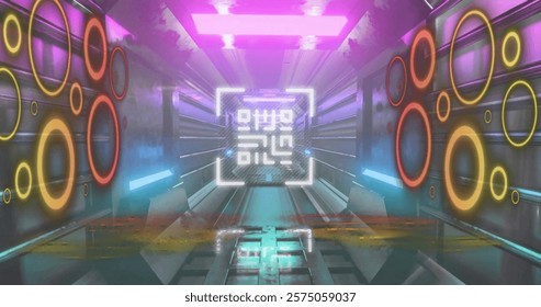 Image of qr code with circles over digital tunnel. Online security, technology and digital interface concept digitally generated image.