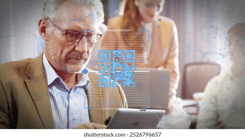 Image of qr code and connected dots over senior caucasian businessman using tablet in office. Digital composite, multiple exposure, networking, finance, technology, executive, focused.