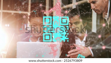 Image of qr code and connected dots over multiracial coworkers discussing over laptop in office. Digital composite, multiple exposure, networking, business, teamwork, technology and finance.