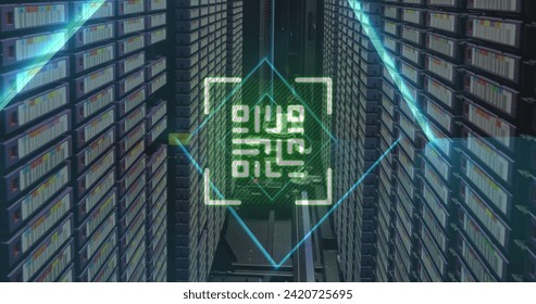 Image of qr code and data processing over computer servers. Global digital interface, computing and data processing concept digitally generated image.