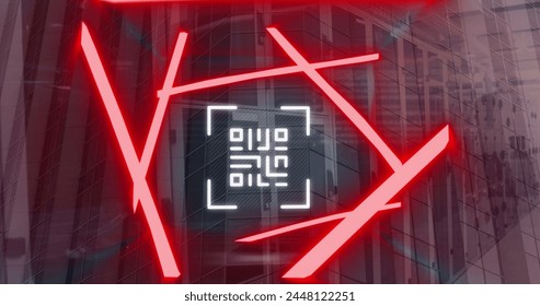 Image of qr code and data processing over cityscape and computer servers. Global computing, data processing and networks concept digitally generated image.