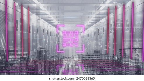 Image of qr code with data processing on digital interface against server room. Digital composite, multiple exposure, artificial intelligence, safety, accessibility, network security, identity.