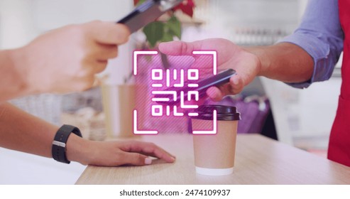 Image of qr code and data processing over dman paying with smartphone in shop. Global shopping, business, finance, computing and data processing concept digitally generated image.