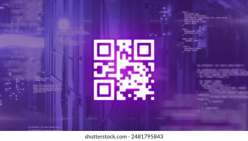 Image of qr code and data processing over server room. Global science, connections, data processing and digital interface concept digitally generated image.