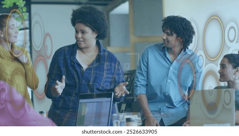 Image of qr code and data processing over diverse business people in office. Global connections, business, finance, computing and data processing concept digitally generated image.