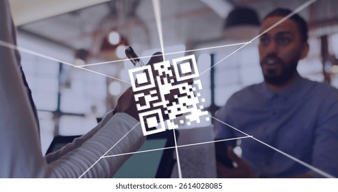 Image of qr code and digital interface over diverse couple using technology. global networks, business and connections concept digitally generated image.