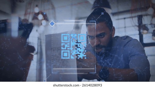 Image of qr code and digital interface over diverse couple using technology. global networks, business and connections concept digitally generated image.