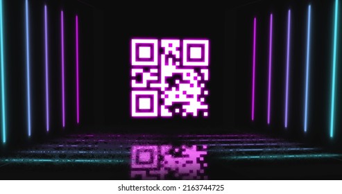 Image of qr code flashing over neon stripes. global internet identity, data processing and technology concept digitally generated image.