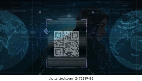 Image of qr code with globes and data processing over caucasian hacker. Global technology, online security and digital interface concept digitally generated image. - Powered by Shutterstock