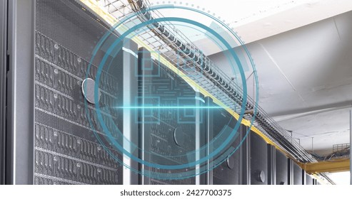 Image of qr code icon over data processing and server room. Social media and digital interface concept digitally generated image.
