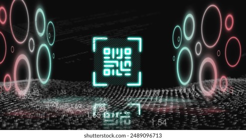 Image of qr code with illuminated circle with numbers, wave pattern, programming language. Digitally generated, hologram, barcode, coding, digits, abstract and technology concept. - Powered by Shutterstock