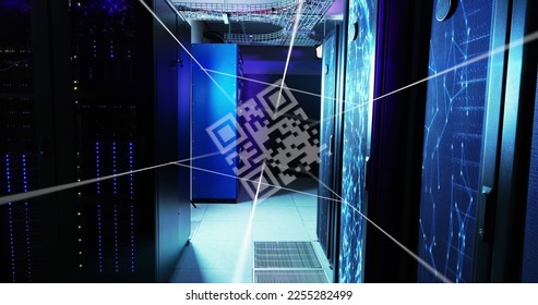 Image of qr code and lines over servers. Global network, data processing, digital communication and technology concept digitally generated image.