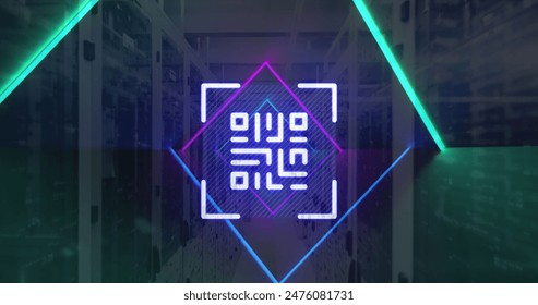 Image of qr code, neon lines, data processing over servers. Global online security, computing and data processing concept digitally generated image.