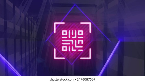 Image of qr code, neon lines, data processing over servers. Global online security, computing and data processing concept digitally generated image.