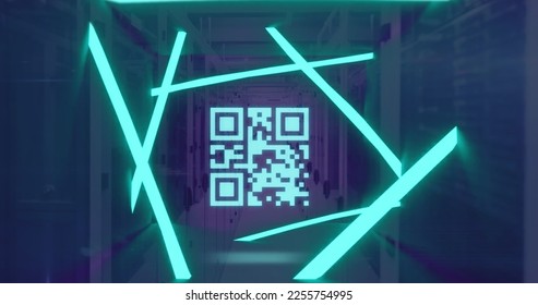 Image of qr code and neon shapes over computer servers. Global connections, computing and data processing concept digitally generated image.