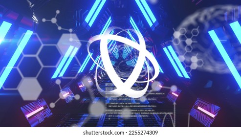 Image of qr code neon tunnel kaleidoscopic shapes. Global medicine and data processing concept digitally generated image.