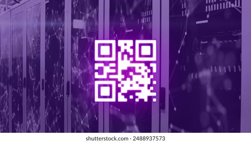 Image of qr code and network of connections over server room. Global technology, connections and digital interface concept digitally generated image.