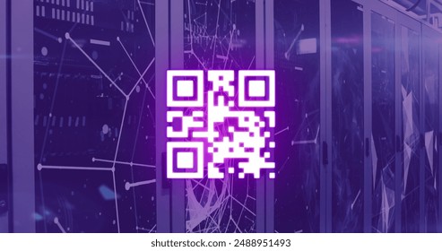 Image of qr code and network of connections over server room. Global technology, connections and digital interface concept digitally generated image.