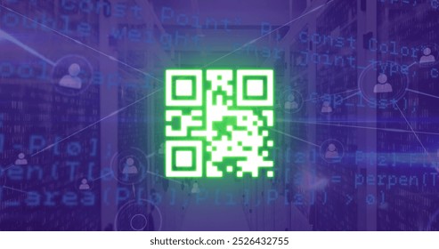 Image of qr code with network of connections and data processing over server room. Global technology, social media and digital interface concept digitally generated image. - Powered by Shutterstock