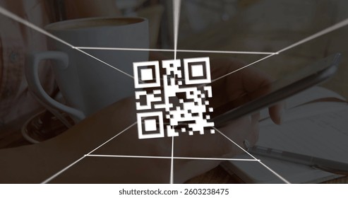Image of QR code with network of connections over woman using smartphone in the background. Global technology social media concept digitally generated image.