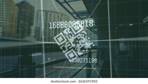Image of qr code and numbers over cityscape. Network, data processing, digital security and technology concept digitally generated image. - Powered by Shutterstock - Get 15% off with code: PIKWIZARD15